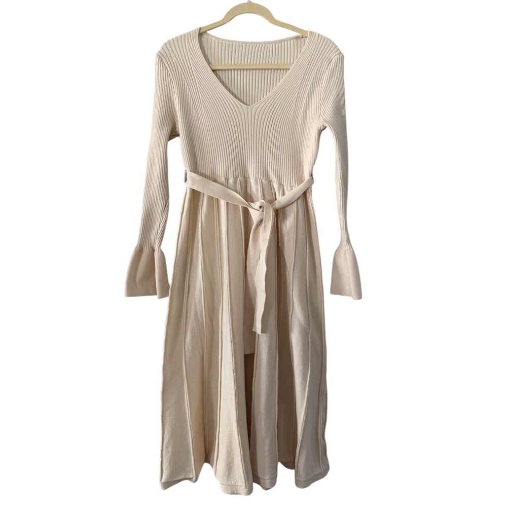 SHEIN Women's L Cream Ribbed Knit Long Sleeve Midi Sweater Dress | SKU 0276